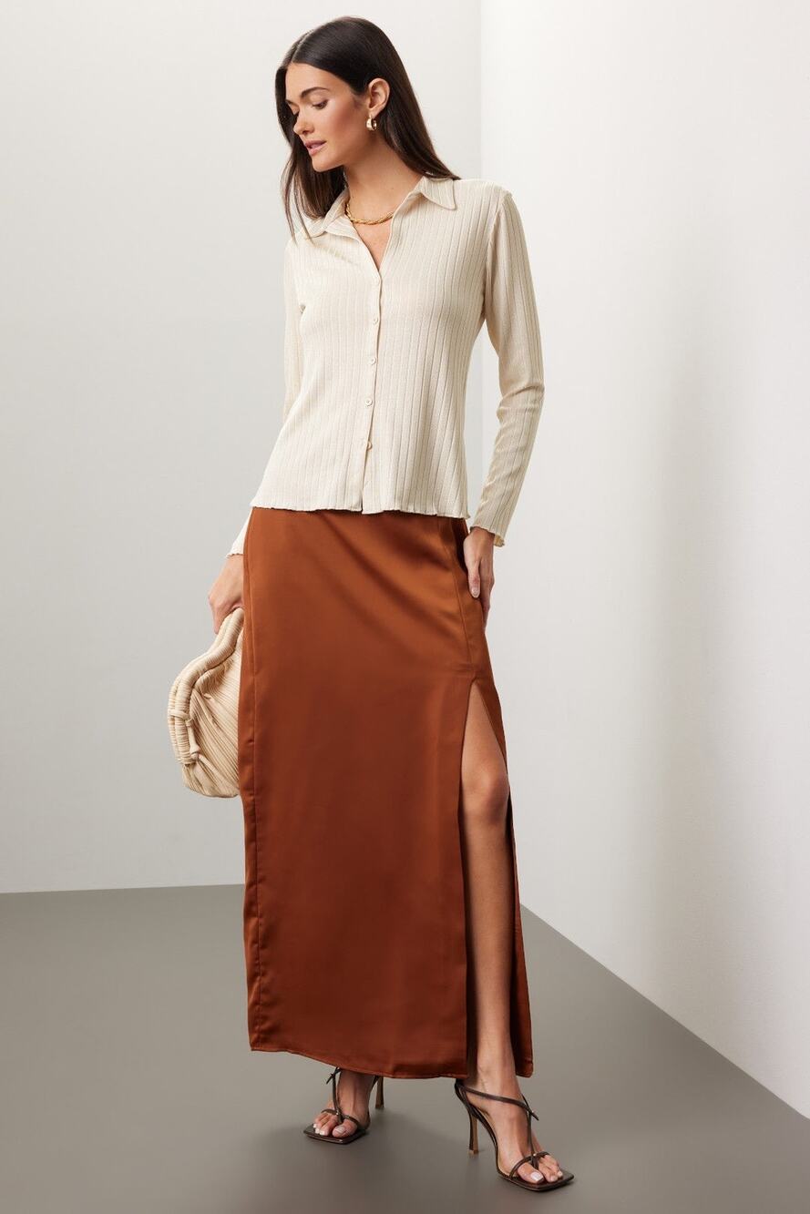 Club Monaco Trycia Brown Slit Satin Bias Midi Skirt Size 6